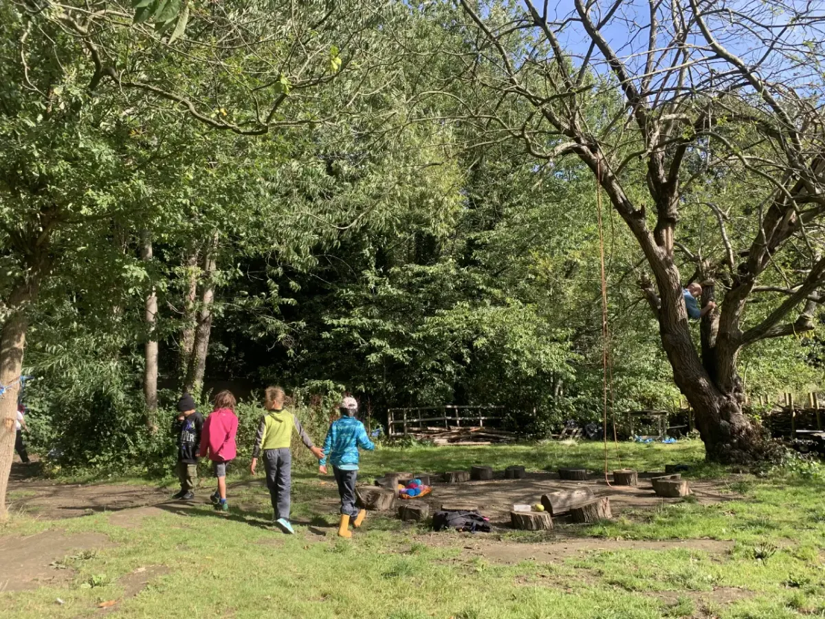 A group of children walking together across grass toward a large tree with a rope swing